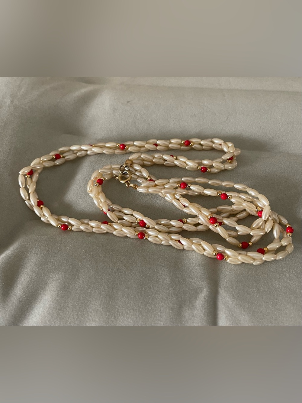 Pearl and Red Bead Twisted Necklace - Women’s Jewelry - Picture 11 of 14